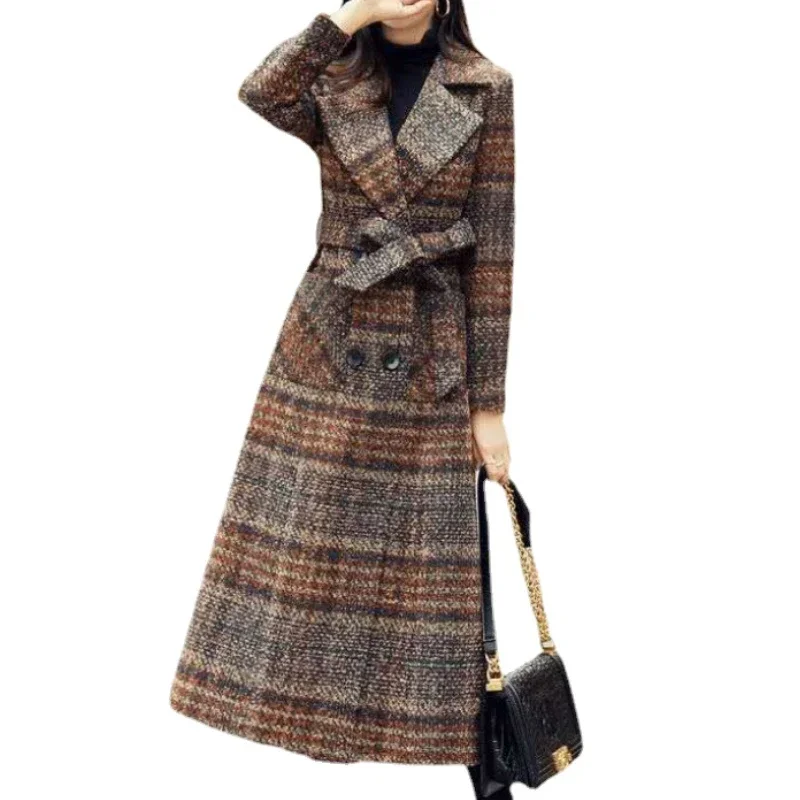 

Style Korean Edition Waist Checkered Coat Slim Fit Over Knee Woolen Women's Long Fashion Autumn Winter R209