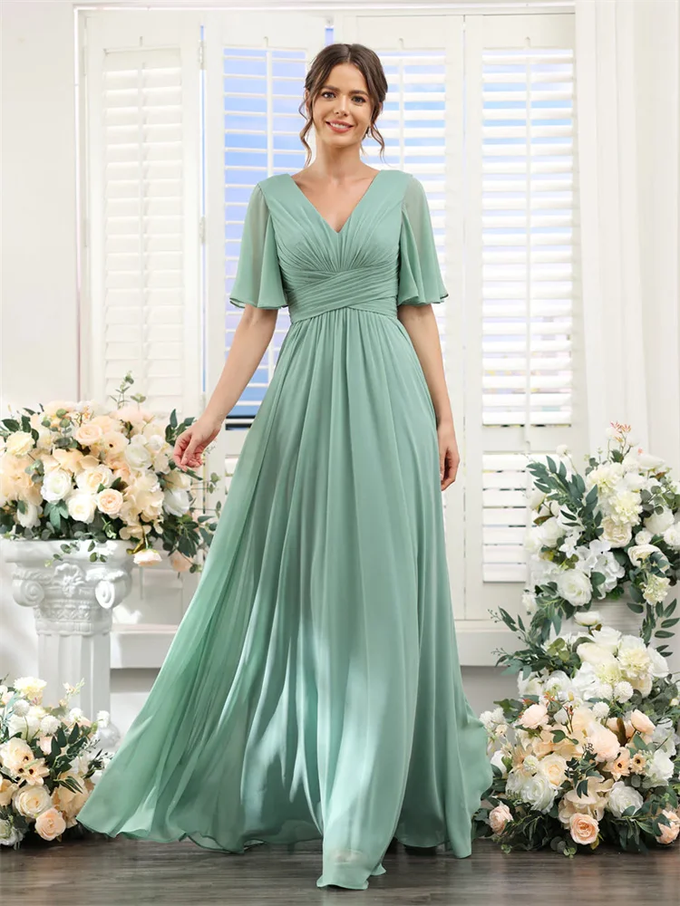 Bridesmaid Dresses A-Line V-Neck Half Sleeves Split Side Floor Length Chiffon With Pockets Elegant For Weddings Guest