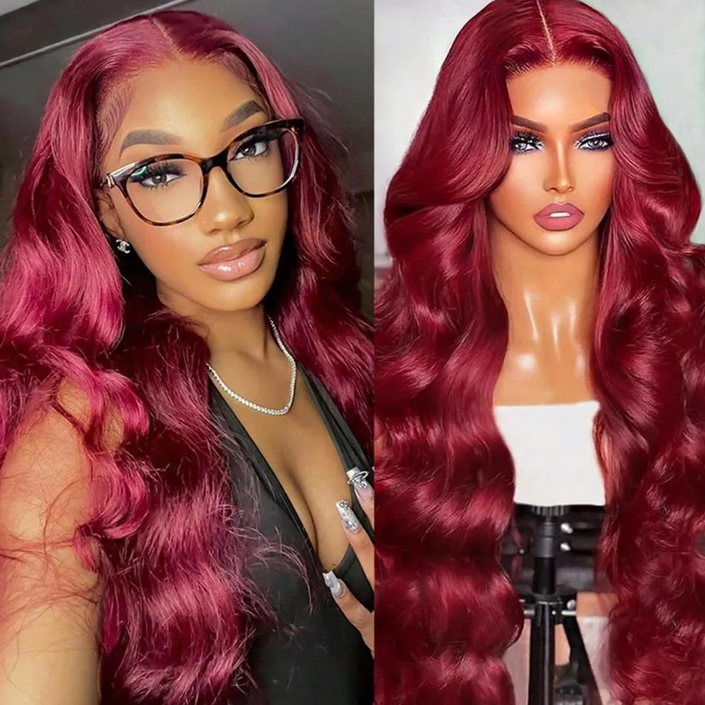 99J Burgundy 13x6 Hd Lace Frontal Wig 200% Density Body Wave 24 30 Inch Lace Front Human Hair Wig Brazilian for Women Daily Wear