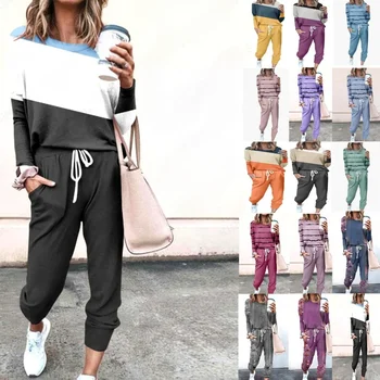 Two Piece Set Women Print Top Blouse Pencil Pants Suit Round Collar Drawstring Trousers Casual Suits Tracksuit Ladies Outfits 1