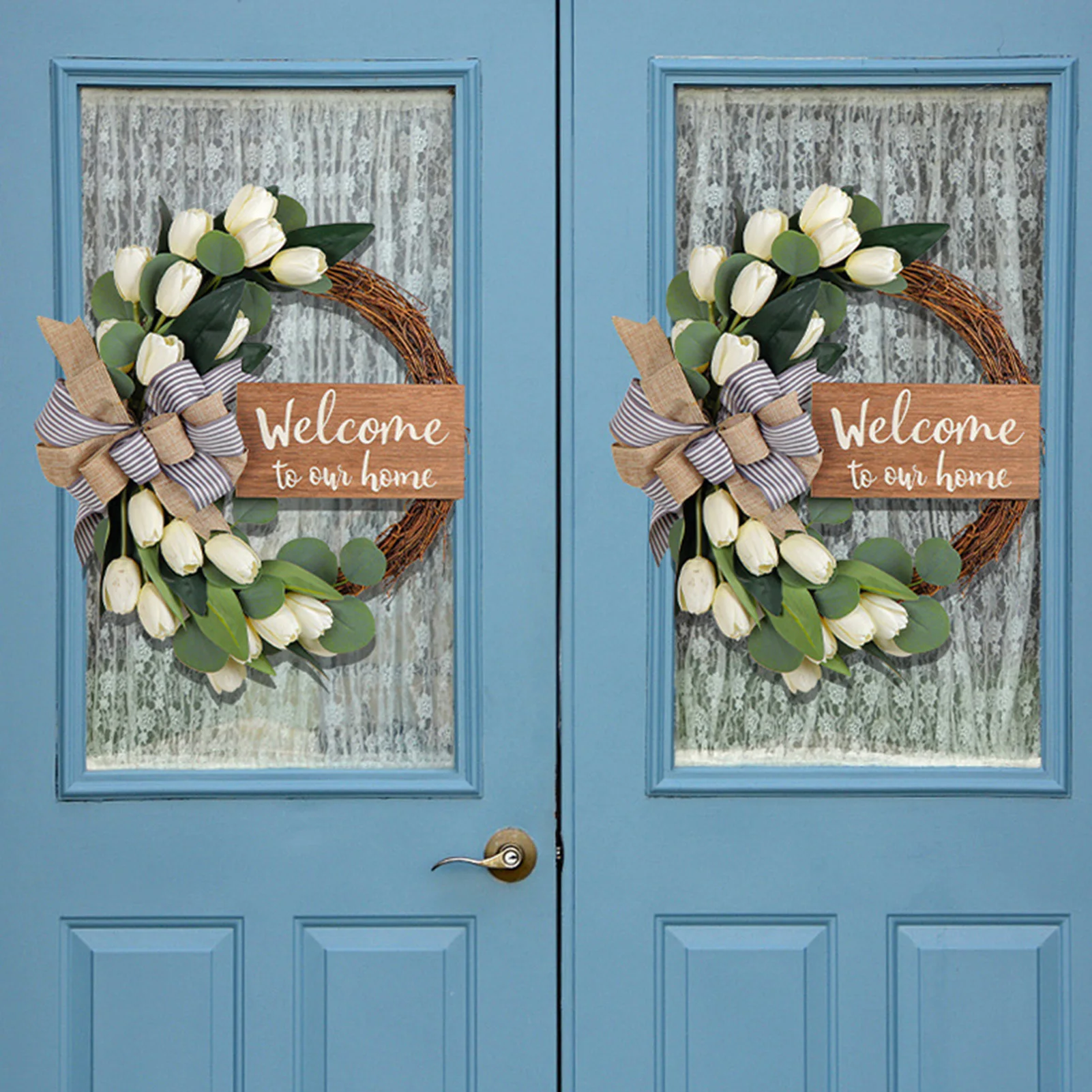 

Tulip Welcome Sign Wreath Welcome Front Door Hanger Wreath for New Home Blessings Spring Parties