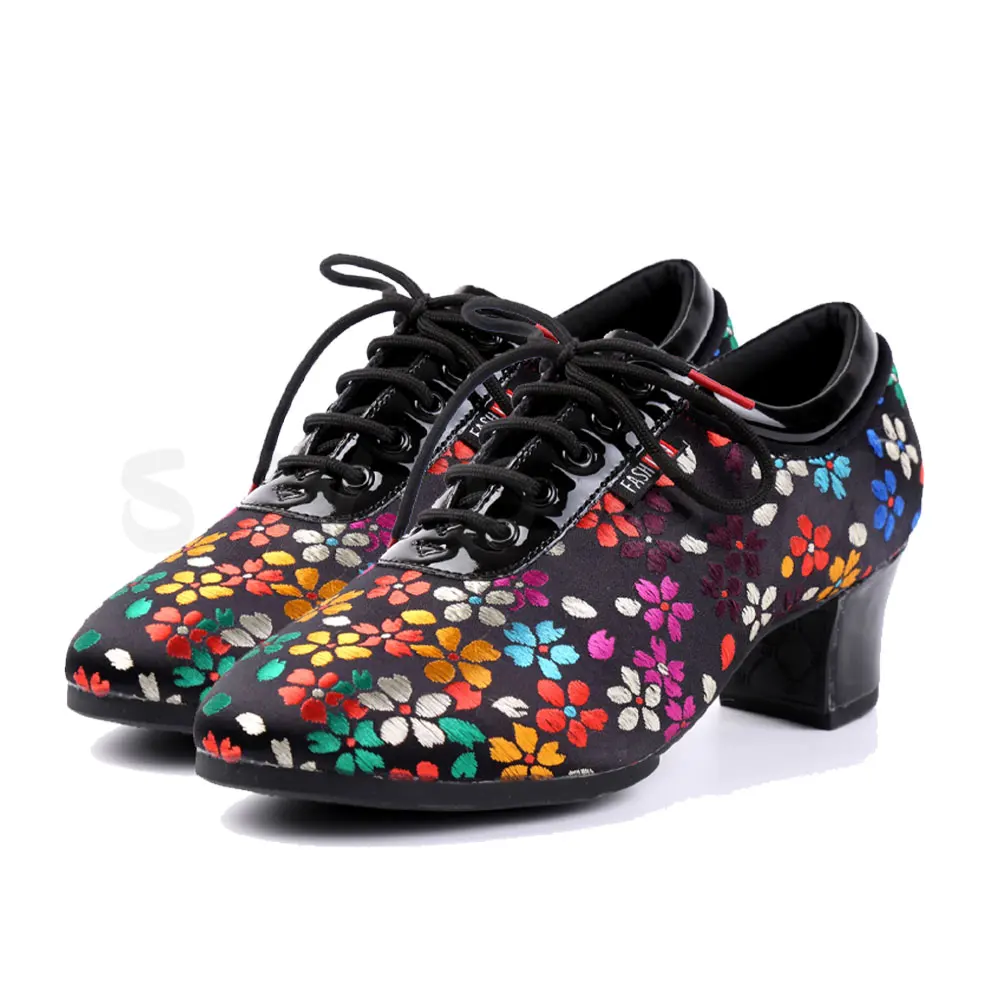 SWDZM Women Men Dance Shoes For Latin Modern Jazz Ballroom Dancing Shoes Salsa Practice Teacher Flower Rubber Shoe Cloth+PU 3