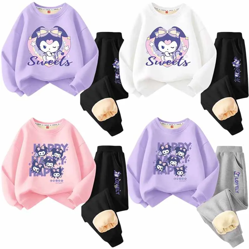 

Sanrios Anime Cartoon Children Sweater Trousers Sportswear Kuromi Cute Girls Autumn Winter Thick Clothing Hoodies Sweatpants