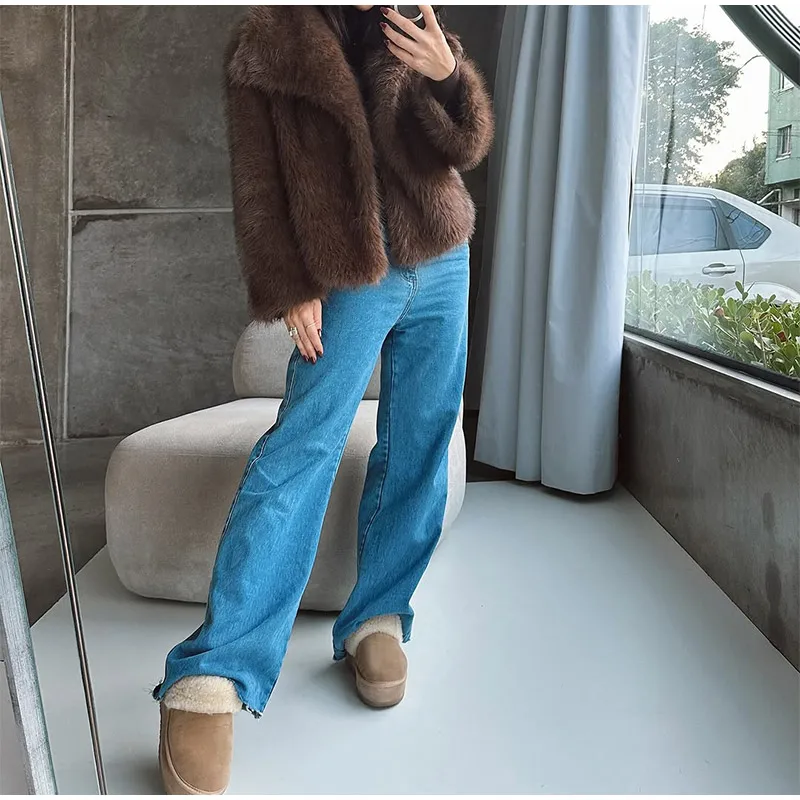 Solid Brown Fluffy Fur Jacket Women's Casual Lapel Loose Long Sleeves Thicken Warm Short Coat 2025 Winter New Lady Commute Wear
