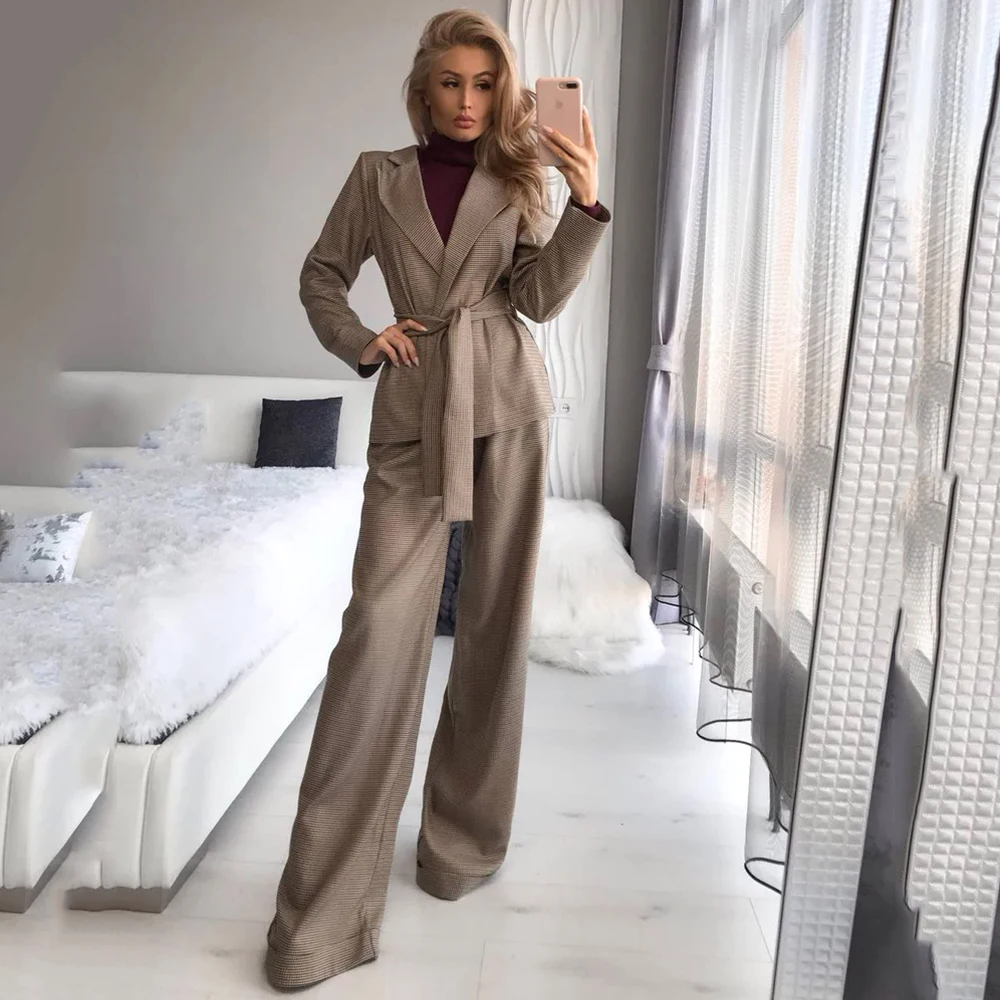 Checked Brown Belted Office Suit 2-Piece Regular Casual Suit For Wedding Party Big Leg Belt Formal Party Suit For Ladies