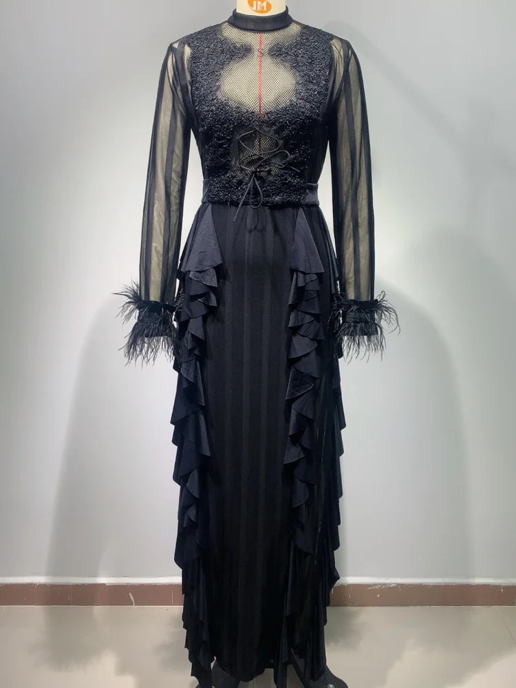 Brand New Women Lace Mesh Feathers Long Black Maxi Dress Long Sleeve  Evening Party Dress Vestido - AliExpress