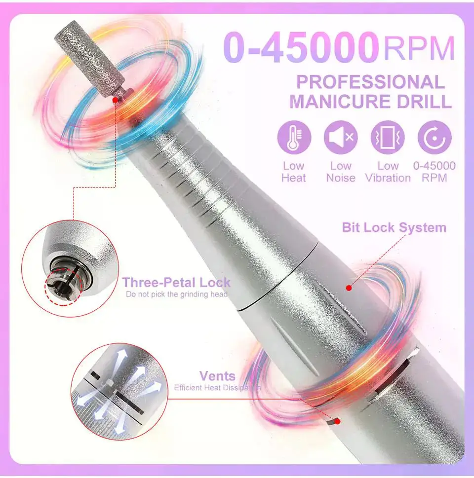 Description Picture 3 of itemNew 45000RPM Rechargeable Electric Nail Drill Machine Professional Nail art Drills Gel Nails Polish Portable Nail File Manicure