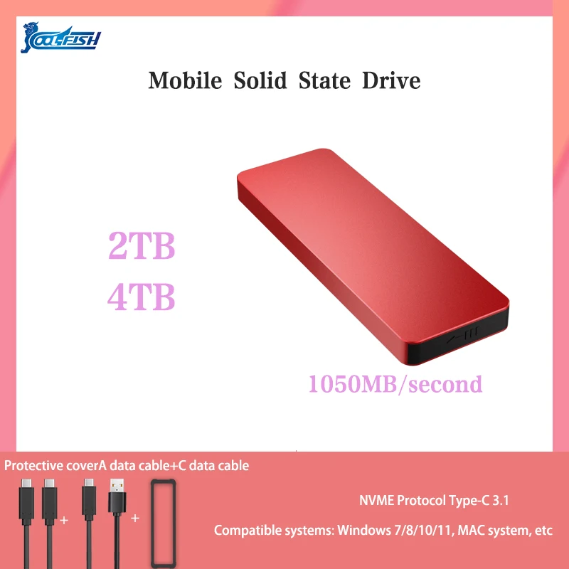 

CoolFish Solid State Drive 2T4T USB3.2 Gen2 Type-C3.1NVME1050MB/S External ssd SATA drivenvme For Windows11 Laptop free shipping