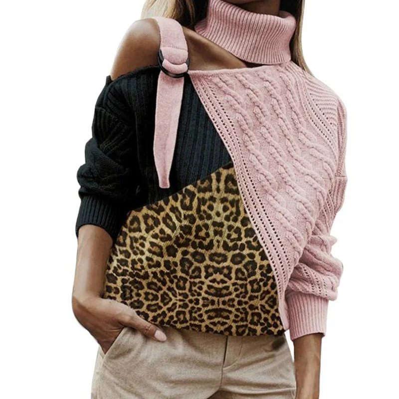 

Women's Sweater 2023 Autumn And Winter New European And American Leopard-Print Splicing Large-Size Sweater