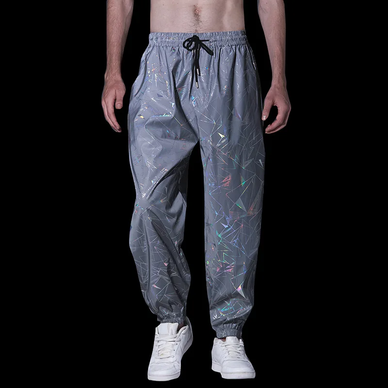 

New Mens Geometric Print Reflective Jogger Sweapants Fluorescent Trousers Harajuku Hip Hop Dance Festival Rave Night Sport Pants