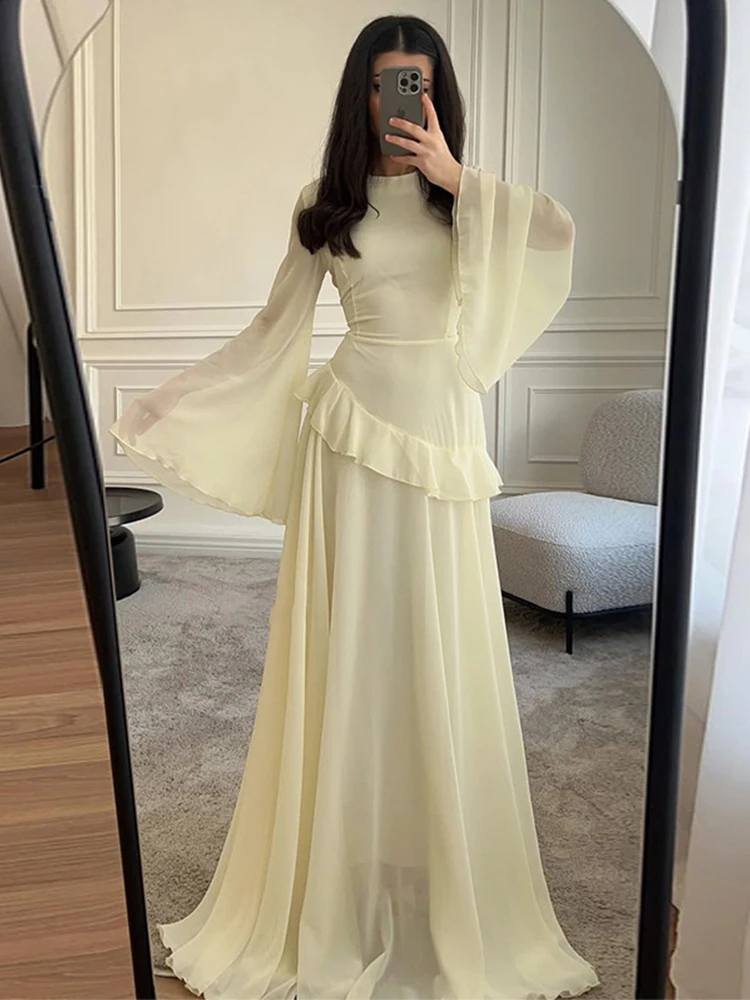 فستان ماكسي أنيق بأكمام مضيئة وأزرق مكشكش للنساء ف...