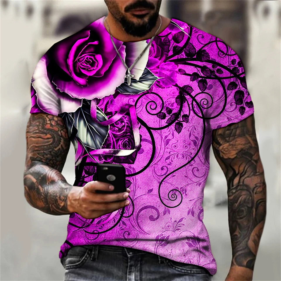 2025 Summer Men T-shirt 3D Graphic Bright Rose Print Vintage