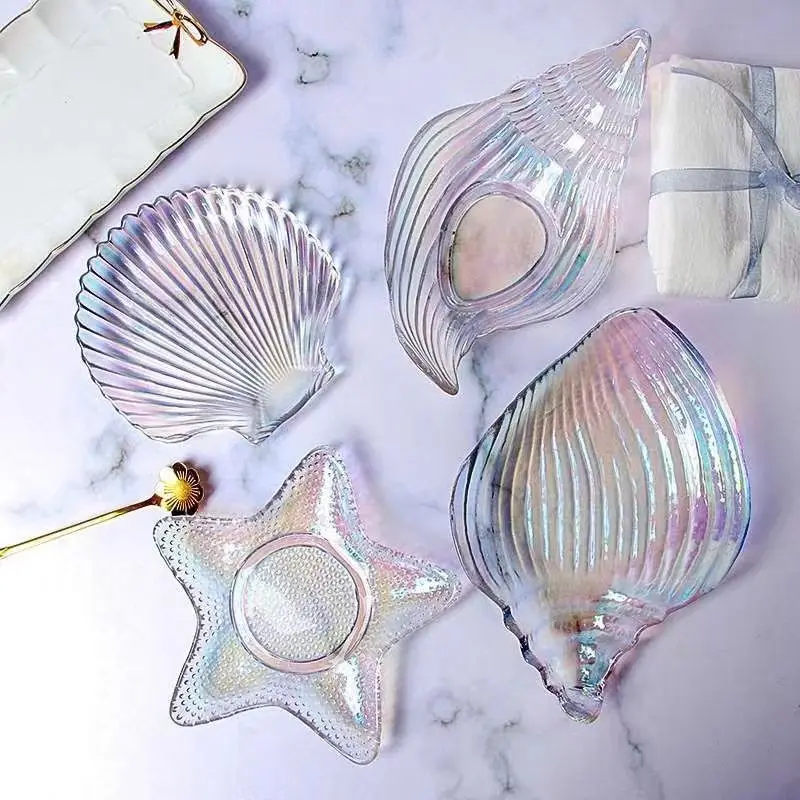 Ocean Glass Meal Plate Irregular Dessert Salad Dried Fruit Snack Decoration Sea Snail Sea Star Shell