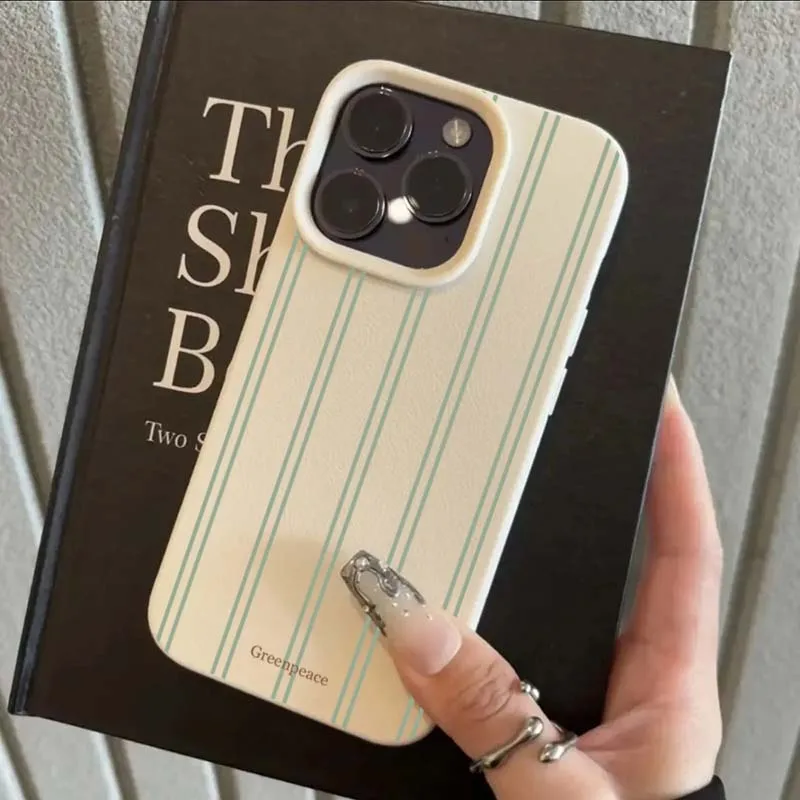 Green Stripe Lichee Pattern Shockproof Phone Case with Silicone Cover