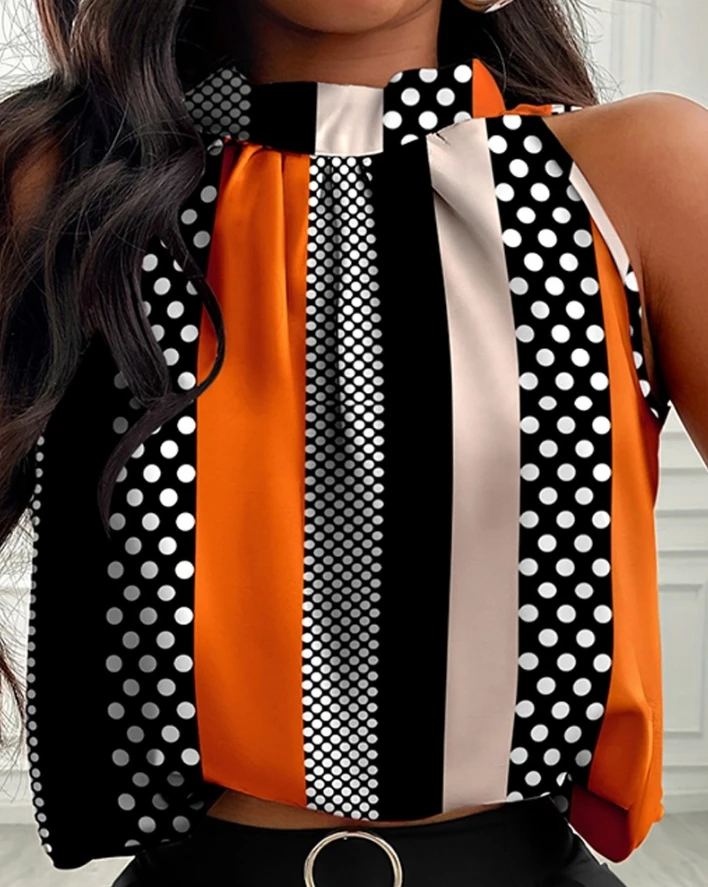 Sexy Two Pieces Set Outfit 2024 Contrasting Colors Polka Dot Print Plicated Design Sleeveless Tank Top & Plain Black Shorts Set