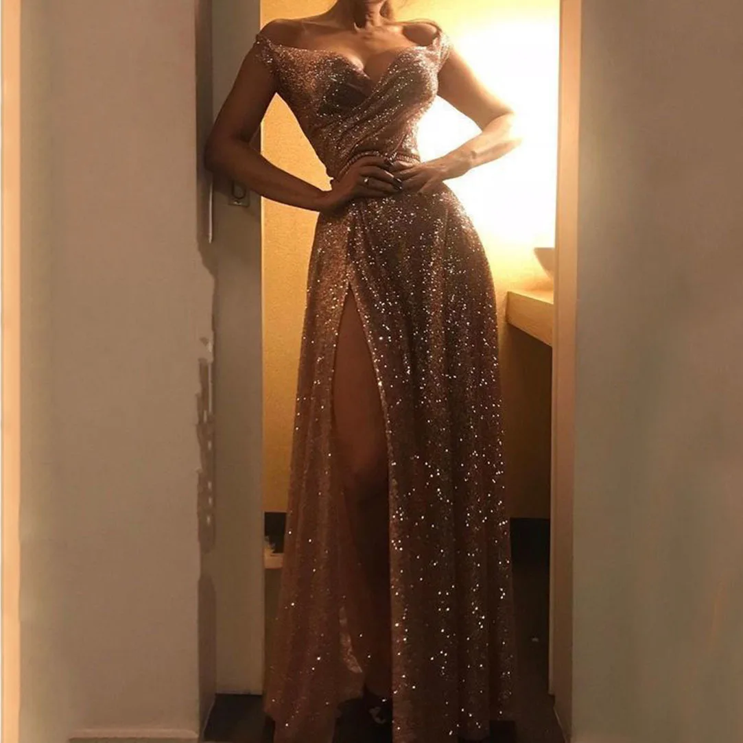 

2022 Sexy Women's Long Skirt Sleeveless V-neck With Waist Sprinkle Gold Split Dress