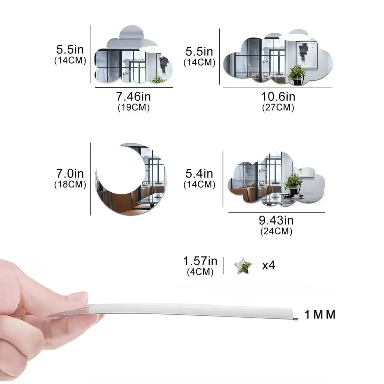 Adesivo da parete in acrilico 3D Cloud Star Moon Adesivo da parete autoadesivo con specchio artistico Soggiorno Sfondo Camera da letto Decorazione della casa 6