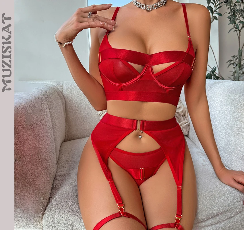 

MUZISKAT Spring New Ladies Sexy Lingerie Complex Craft See-Through Mesh Hollowing Body Shaping Erotic Four-Piece Set Onlyfans