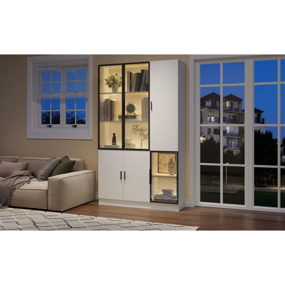 200 cm hoher Vitrinenschrank, mit LED-Beleuchtung, Multi-Storage-Bücherregal, Wohnzimmerschrank mit Glastür und Aluminiumrahmen – Detail 17