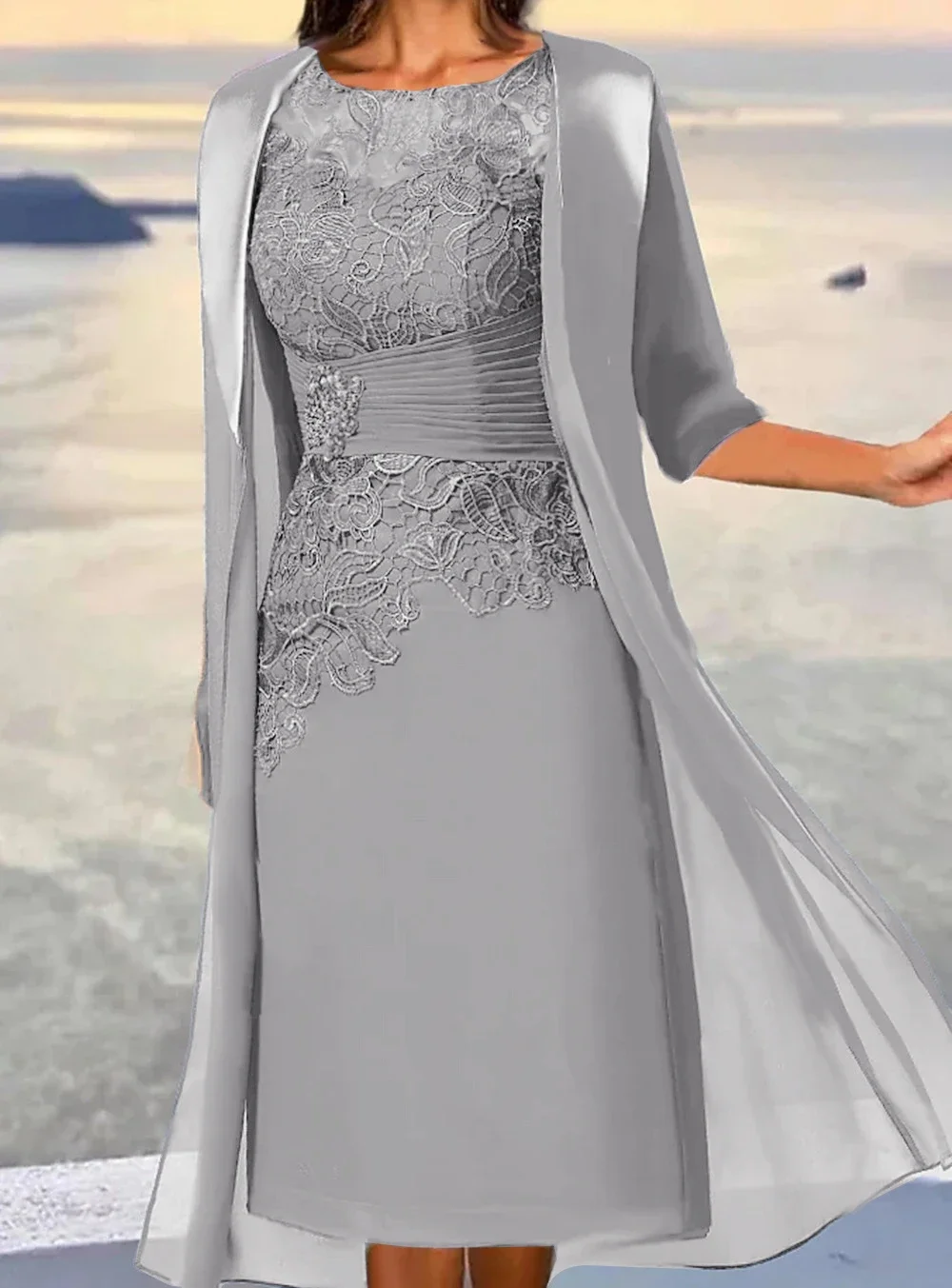Mother Of the Bride Dresses Midi Dusty Blue Length Sleeve Floral Embroidered Layered Ruched Fall Crew Neck Elegant Mature mother bride dresses