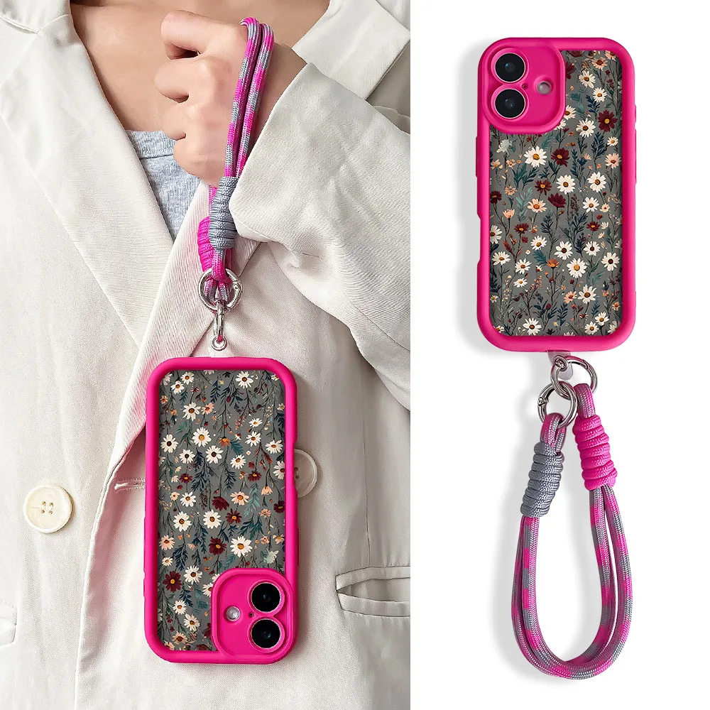 Elegant Daisy Flower Phone Case with Wrist Chain and Hand Strap