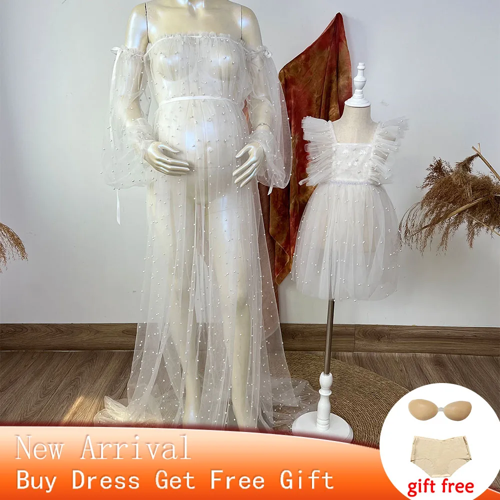 Don&Judy A Set Photography Dresses Long Sleeve Mom&Daughter Tulle Gown Pearl Voile Outfit for Women Photo Shoot Prop Baby Shower