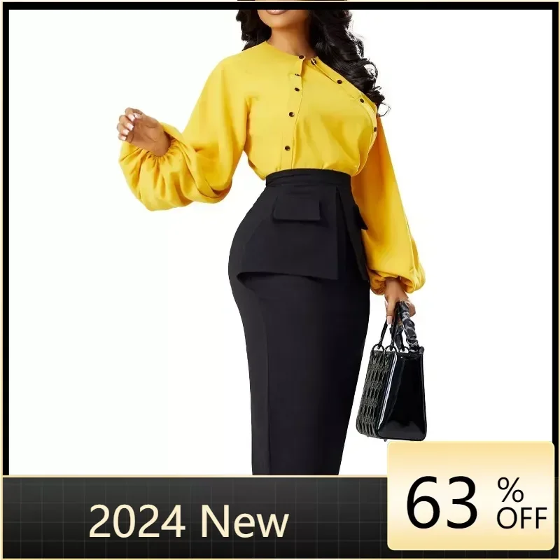 

2 Piece Skirt Sets African Clothes for Women Autumn African Long Sleeve Office Lady Suit Dashiki Ladies Ankara Female Outfits