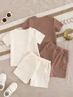 4-Piece Set New Summer Waffle Short Sleeve Shorts Comfortable Solid Color Simple All-In-One Baby Boy Suit Casual Fashion 2