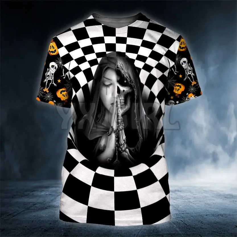 

2024 Summer Checkered Pattern Prayer Reaper Skull Halloween 3D All Over Printed T Shirts Tee Tops shirts Unisex Tshirt