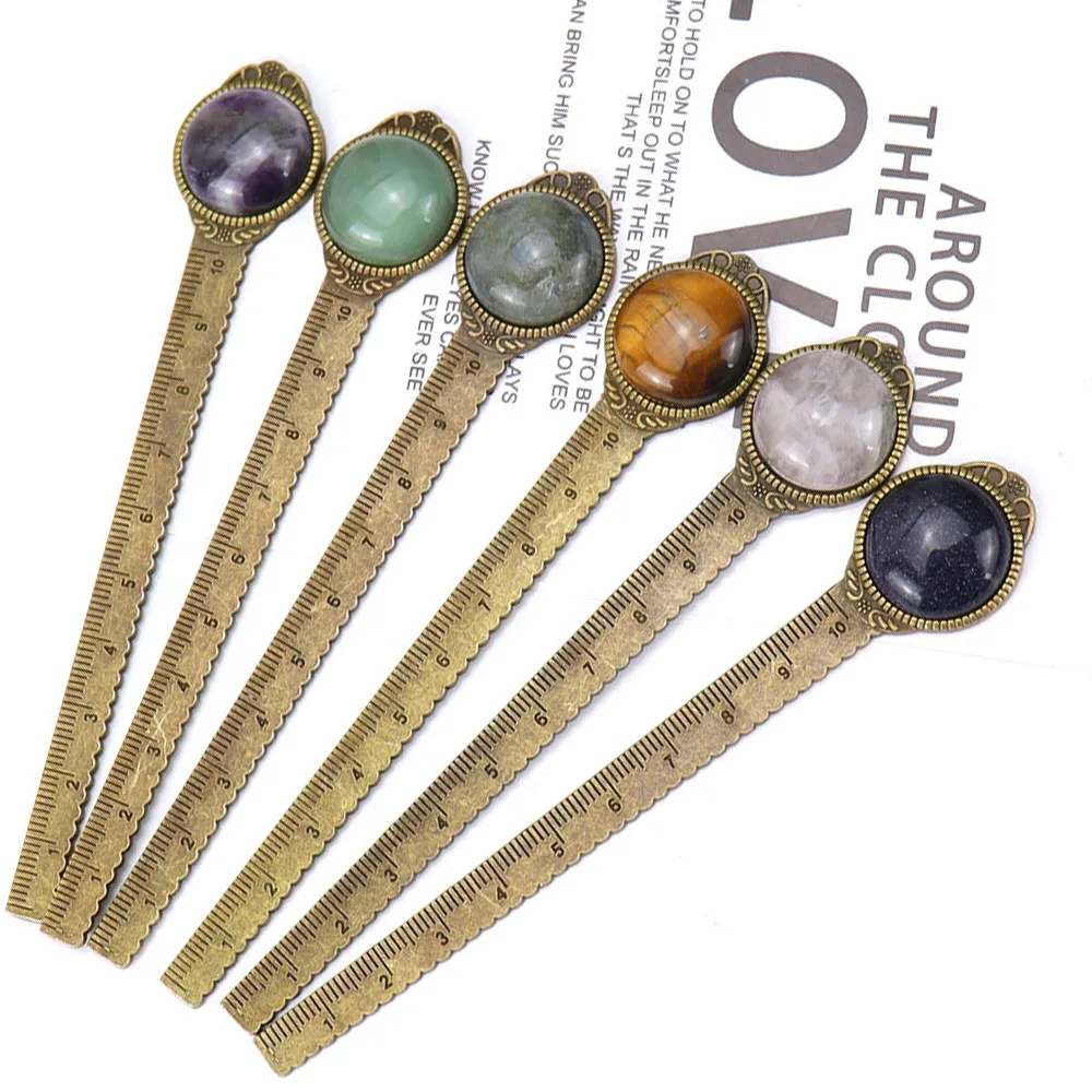Retro-Ruler-Metal-Bookmark-With-Natural-Crystal-Stones-Tiger-Eye-Rose ...