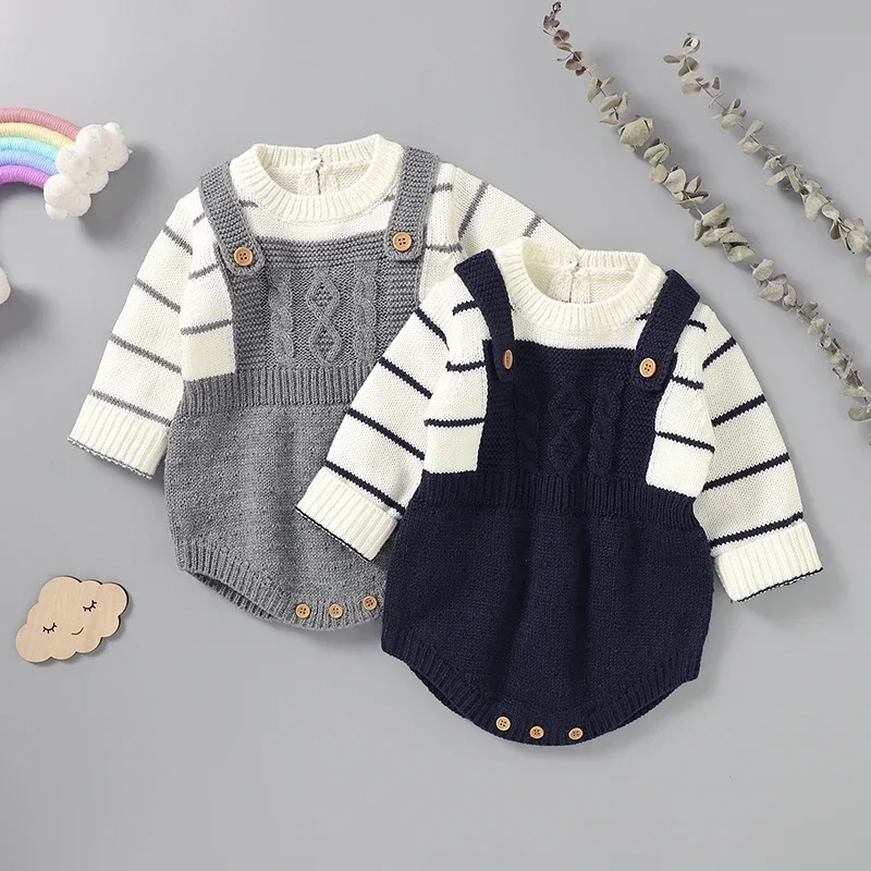 

Newborn Baby Bodysuits Knitted Infant Girls Boy Jumpsuit Long Sleeve Autumn Toddler Kid Clothing 0-18M Overalls Striped Playsuit
