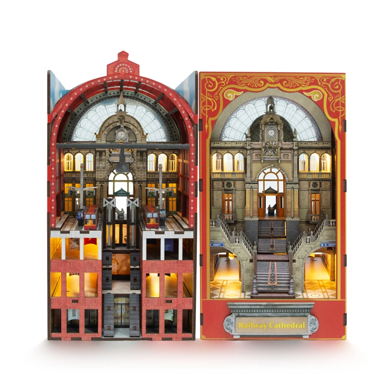 DIY Book Nook Wooden Miniature Model Kit Railway Cathedral Bookend Assembled 3D Puzzle Bookshelf Home Decor Friends Gifts 3