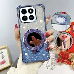 Glitter Shockproof Phone Case with Mirror Stand and Beaded Strap - Honor X5b (Blue)
