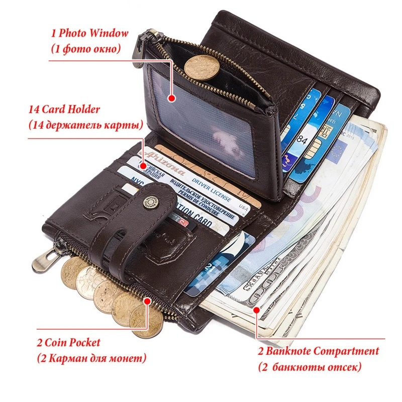 Leather Soft Bifold Blocking Wallets for Men Coin Purse Keychain Wallet with Chain