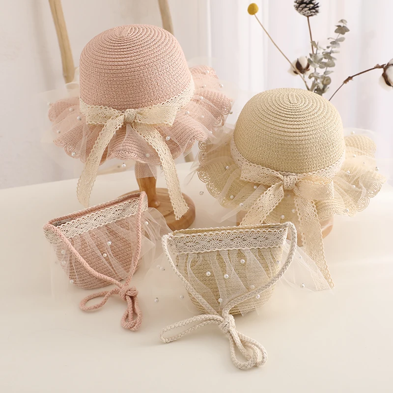 Child Straw Hat Shoulder Bag Set Kids Hats Summer Girl Cute Sweet Lace Bow Beach Hat Travel Anti-UV Breathable Sun Cap