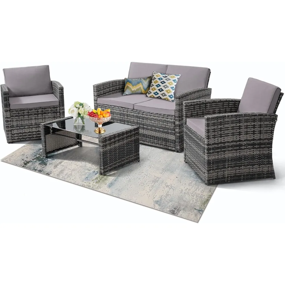 

KROFEM 4 Pieces Patio Conversation Set, Outside Rattan Sectional Sofa, Cushioned Furniture Set, Wicker Sofa Ideal for Garden
