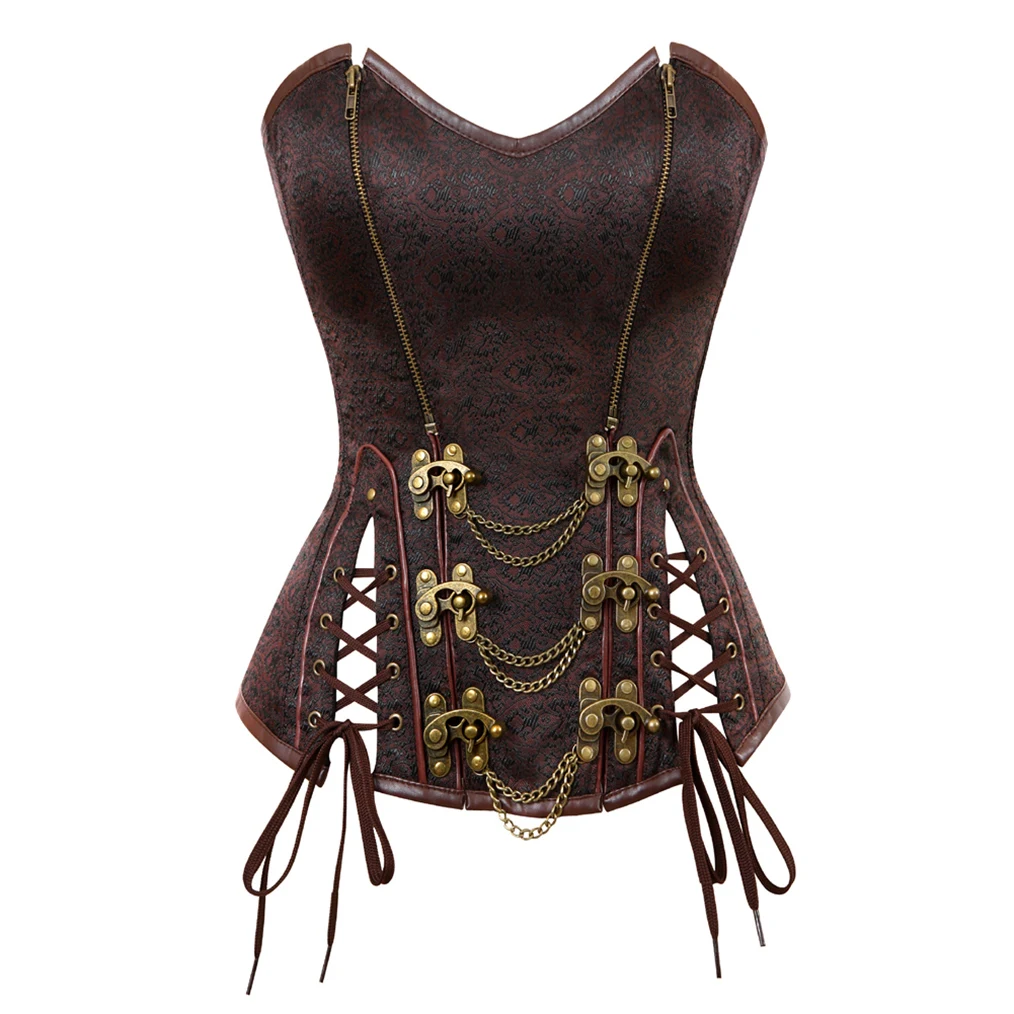 

Steampunk Medieval Women Zipper Style Spiral Steel Bone Leather Corset Bustier Top Sexy Gothic Brown Halloween Party Costume