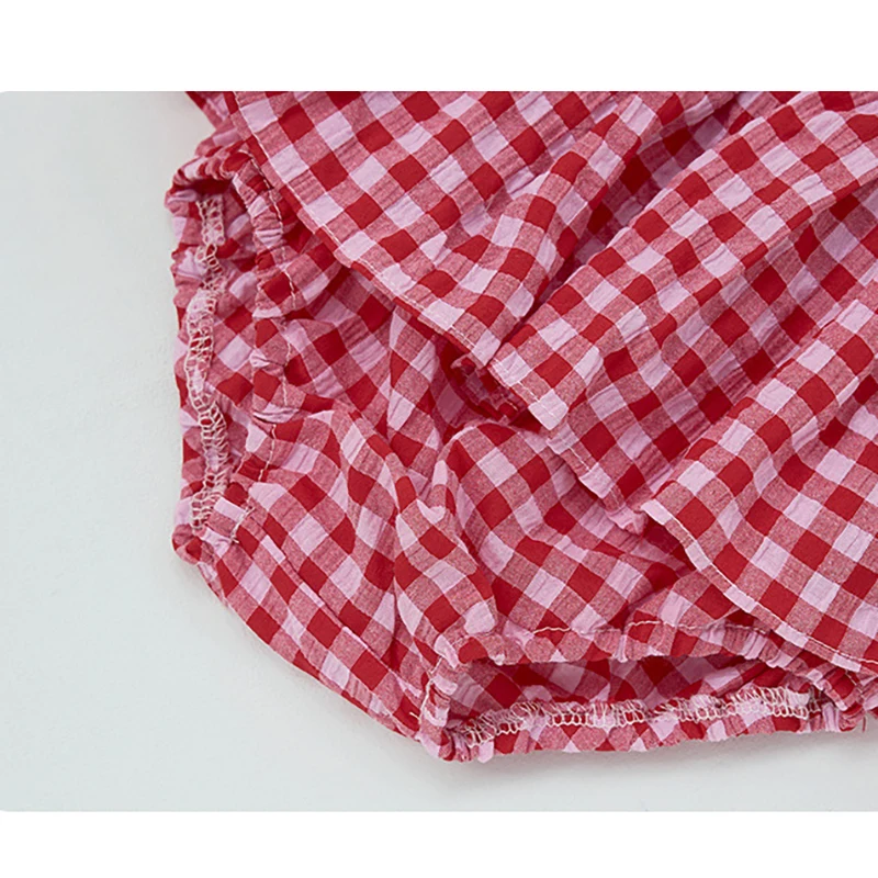 Cotton Summer Baby Girls Cherry Tee and Plaid Bloomers Set