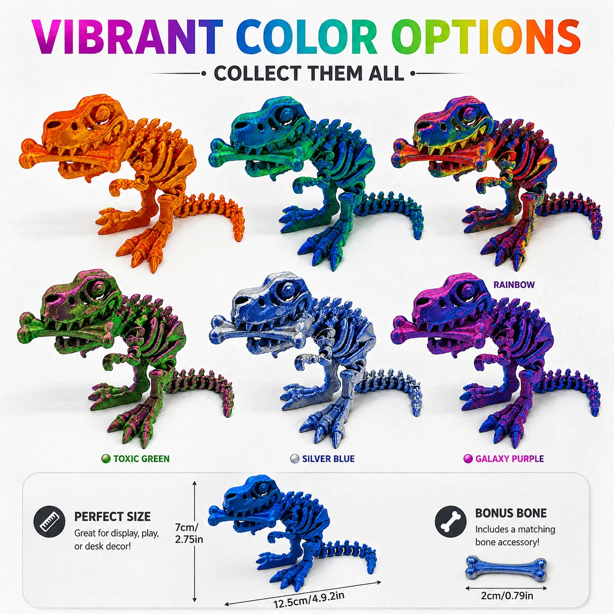 Articulated T-Rex Skeleton Dinosaur Toy with Bone Accessories, Multi-Color Gradient, Festive Gift Edition