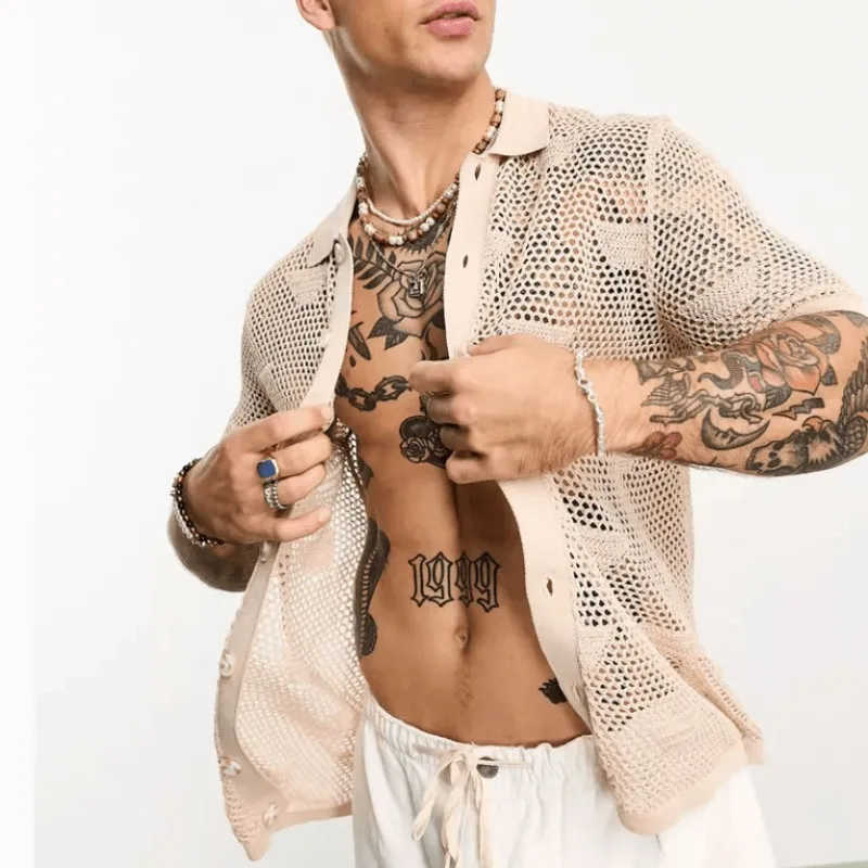 

Autumn Loose and See-through Hollow Out Cardigan Shirt Men's Shirt Top Men Short Sleeve Single-Breasted Turn-down Collar Shirt