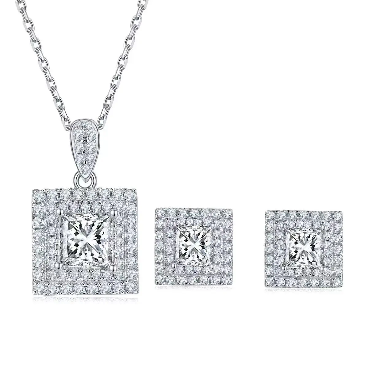 

Bridal set double halo engagement studs pendant s925 diamond gra necklace jewelry princess cut moissanite luxury earrings women