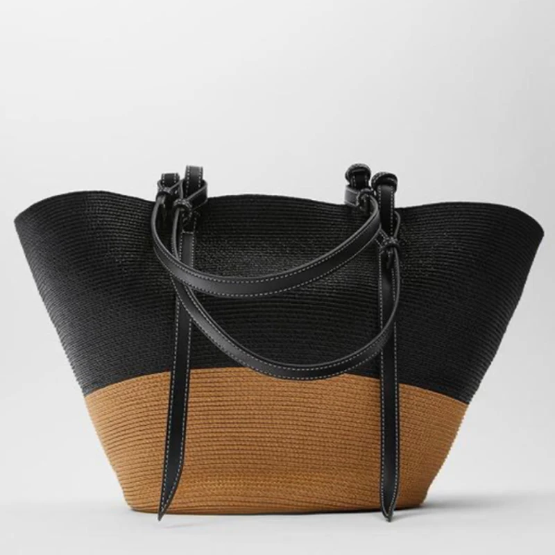 

Large Capacity Straw Women Handbag Color Matching Basket Bag Hand Woven Bag Women Fashion Travel Holiday Beach Bag Totes