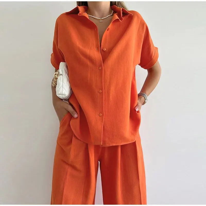 

ELIJOIN Summer Casual Women's New Shirt Short Sleeve Loose Top Wide Leg Pants Two-piece Suit