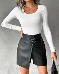 Summer New Shorts Women Fashion High Waist PU Leather Buckled Shorts Skirts