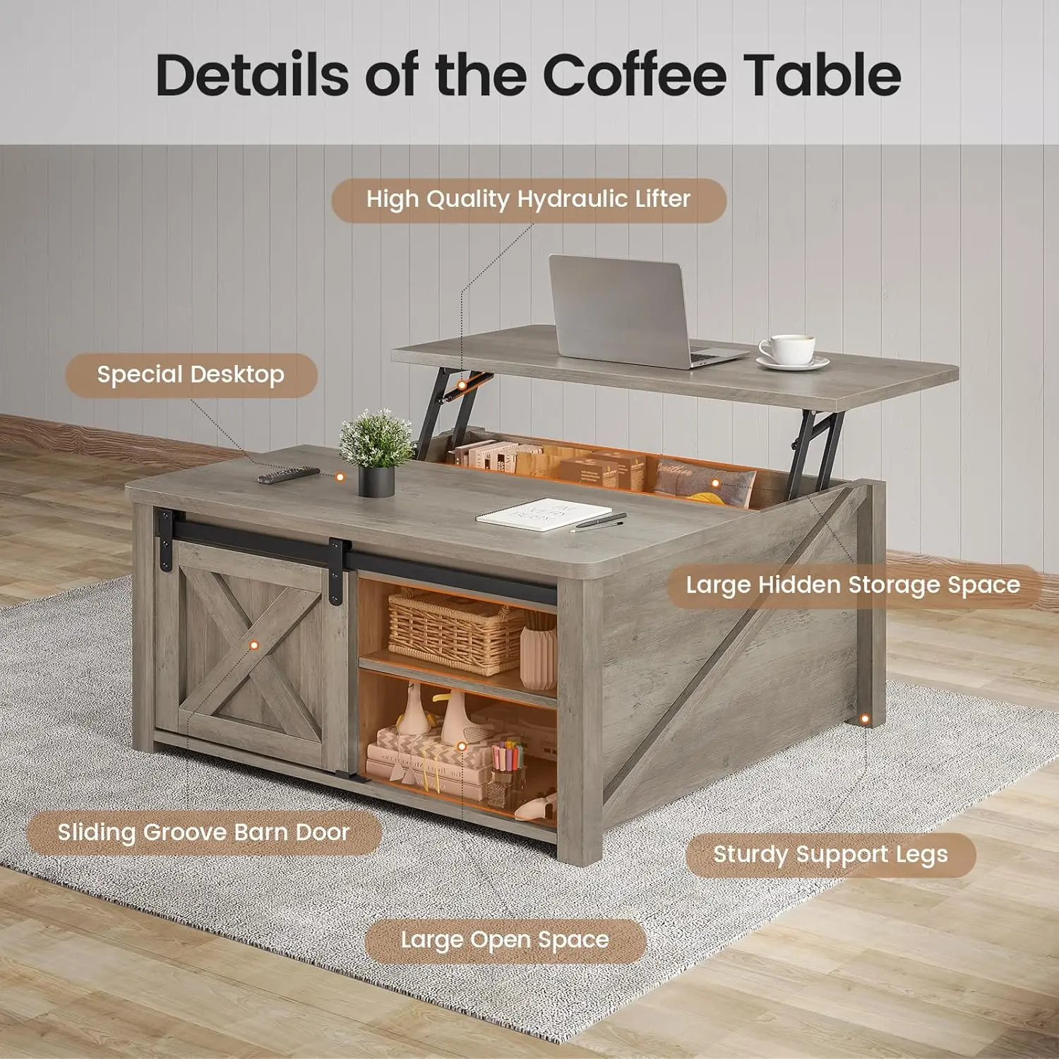 31.5" Lift Top Coffee Table with Storage, Square Coffee Table for Living Room, Coffee Table with Large Hidden Storage Compartmen 3