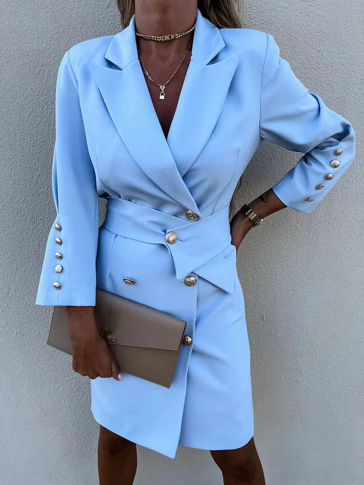 Femme Office V Neck Blazer Style Solid Dress Spring Summer Women Straight Button Dress Loose Long Sleeve Double Breasted Dress