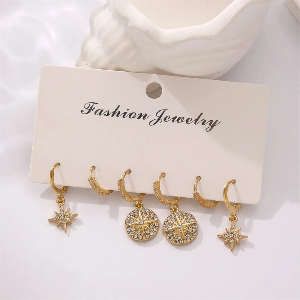 3 Pairs/Set Golden Star Design Shiny Rhinestone Inlaid Dangle Earring for Women Eleagnt Luxury Female Jewelry Gifts