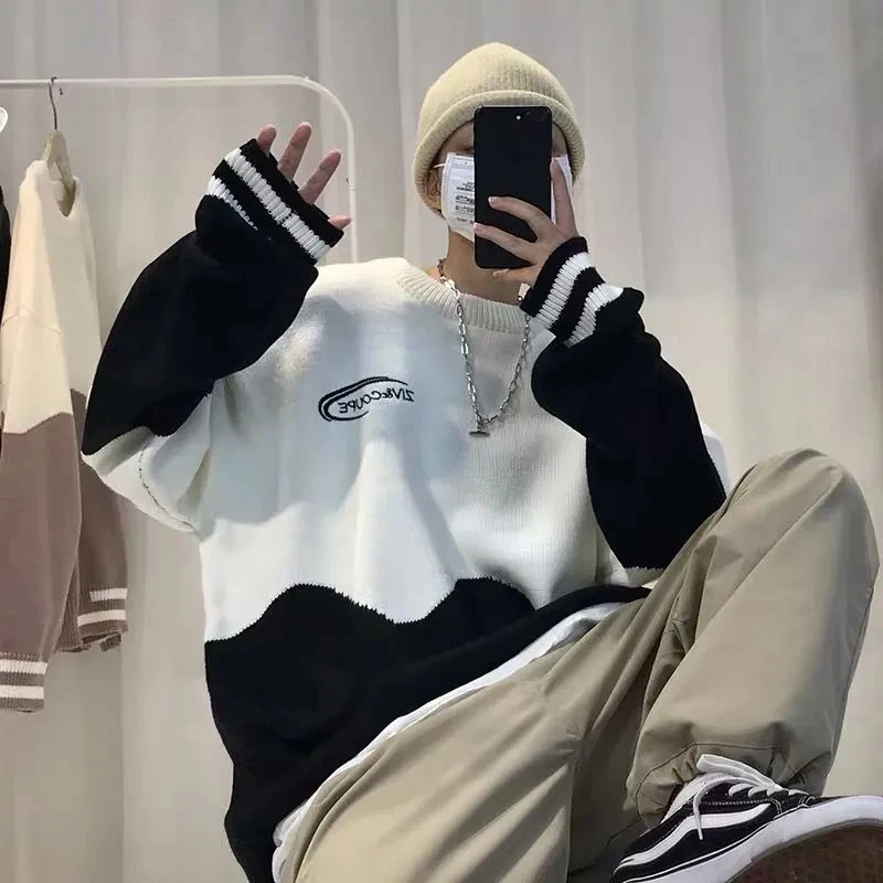 Fashion Solid Autumn Winter Loose Long Sleeve T-shirt Men Pullover Soft Solid Patchwork Two Color Milk Print Sweater Warm