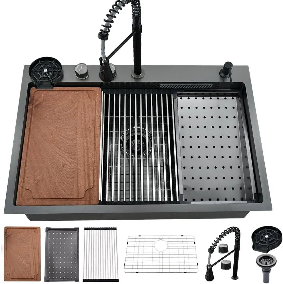 33 Drop In Kitchen Sink with Faucet Combo, 33x22 Inch Drop In Waterfall Kitchen Sink Workstation 16 Gauge S
