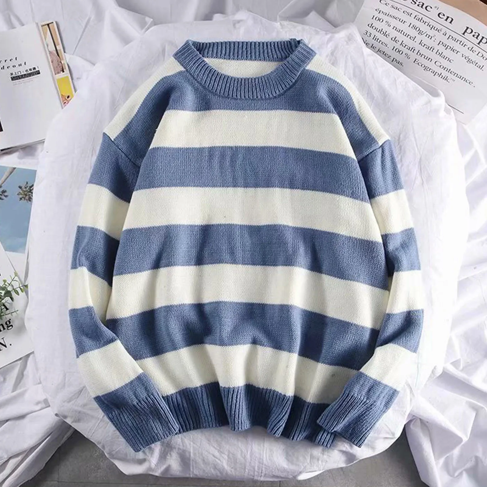 

New Men's Knitted Sweater Casual Striped Men's Loose Casual Sweater Pullover Color Matching Round Neck Knitwear Pullovers 2023